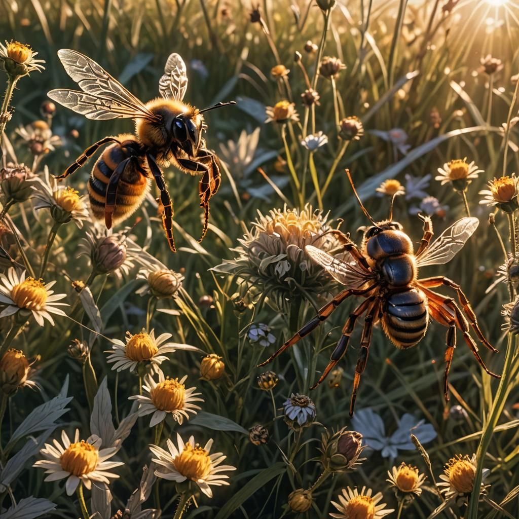 Bee and Spider People Transformation in Sunny Meadow