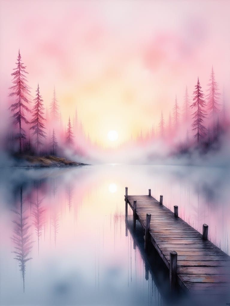 Serene Lakeside Dawn in Soft Oil Painting Style
