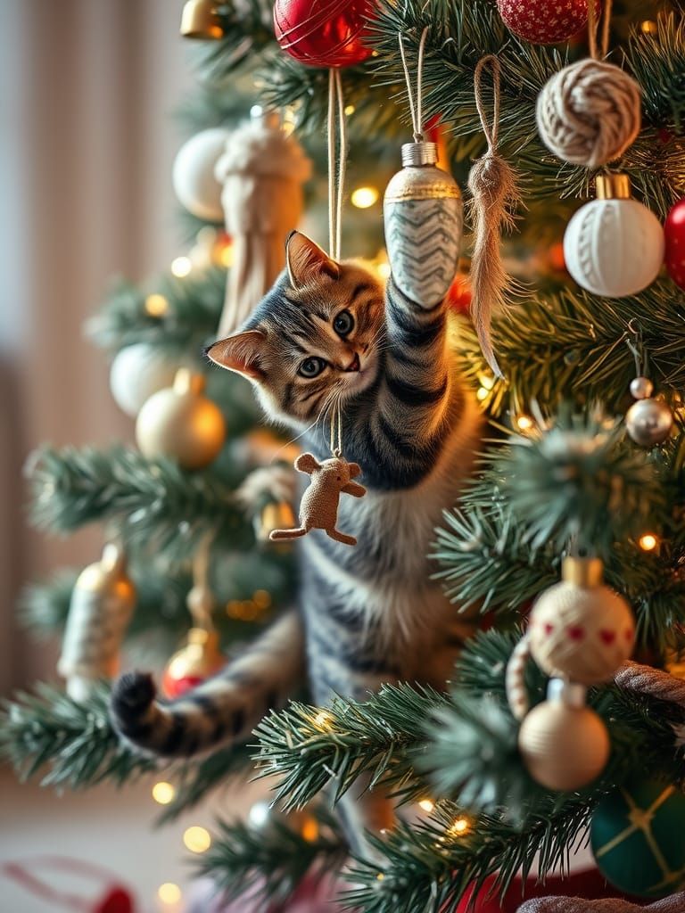 Mischievous Cat Climbs Festive Cat-Themed Christmas Tree