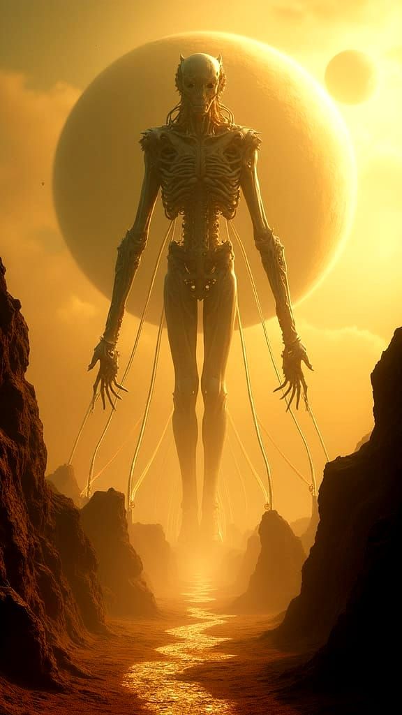 Surreal Alien Landscape with Saturn and Biomechanical Figure