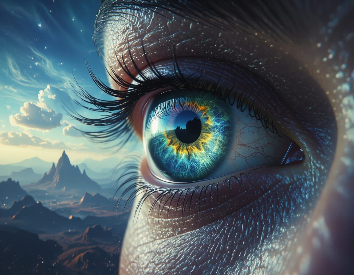 Alien Landscape Reflected in Eye as Surreal Macro Photograph...