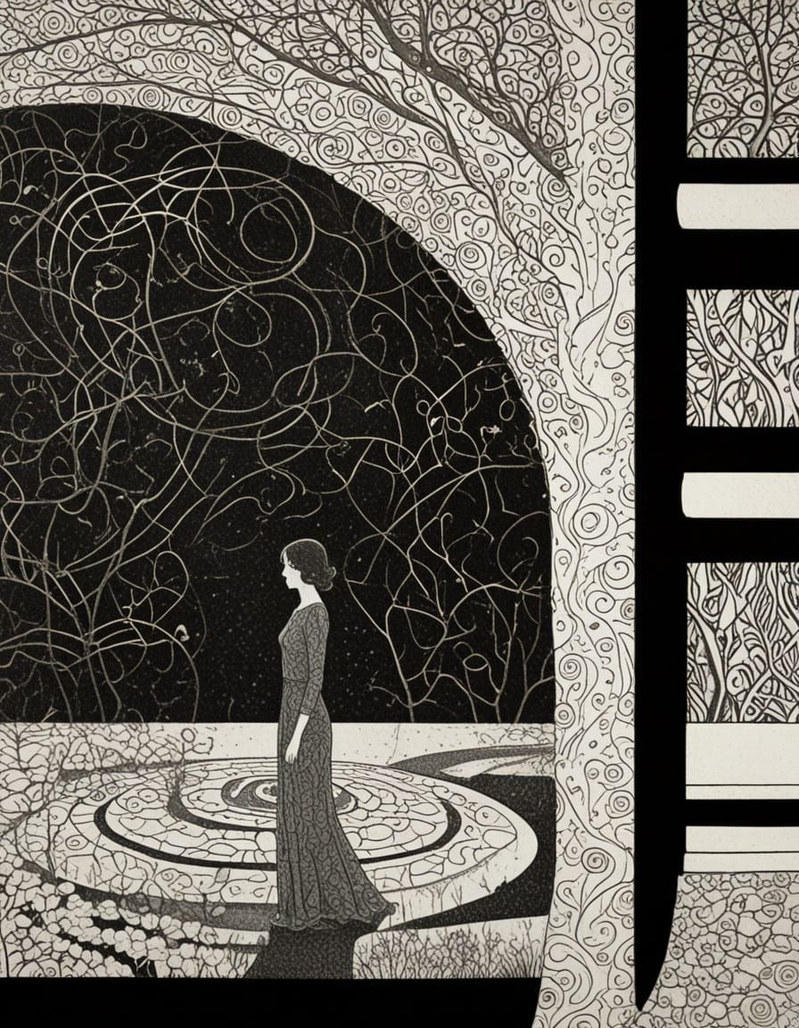 Woman in Labyrinthine Garden, Klimt-Inspired Style