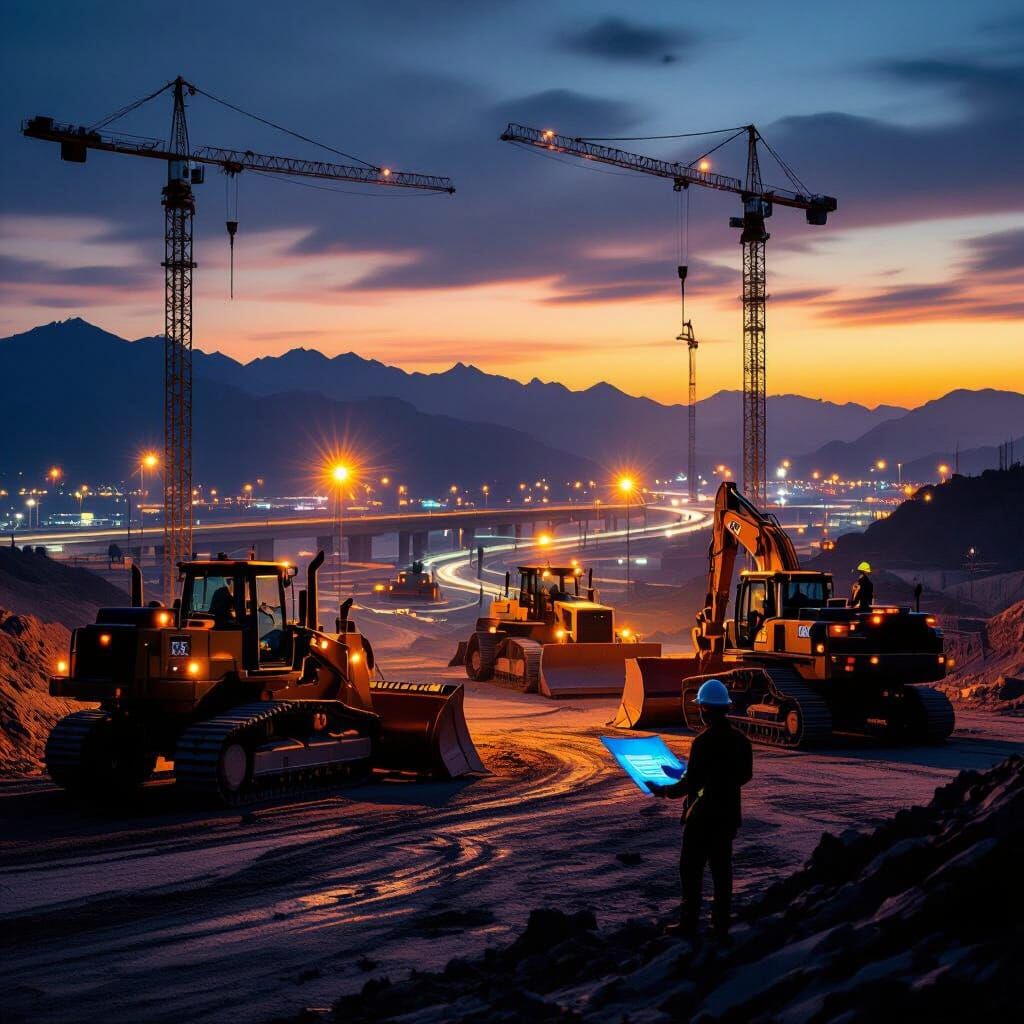 Wide-Angle Construction at Dusk Under Floodlights
