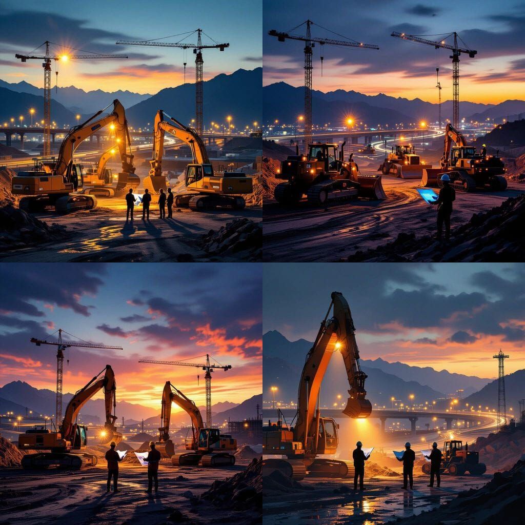 Dusk Construction Site with Machinery and Engineers in Cinem...