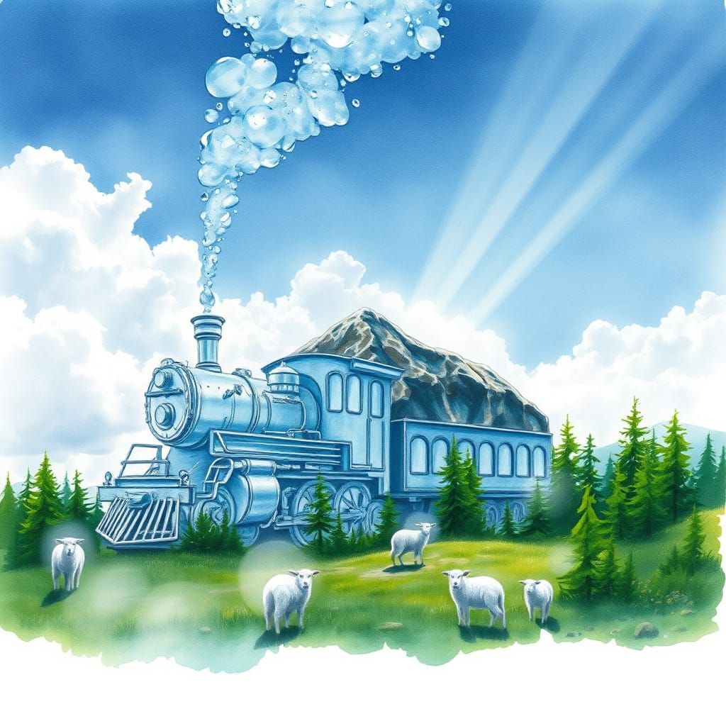 Surrealist Watercolor Scene with Steam Train and Lush Forest