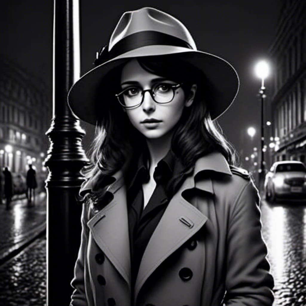 Noir Portrait of Woman in Fedora and Trenchcoat