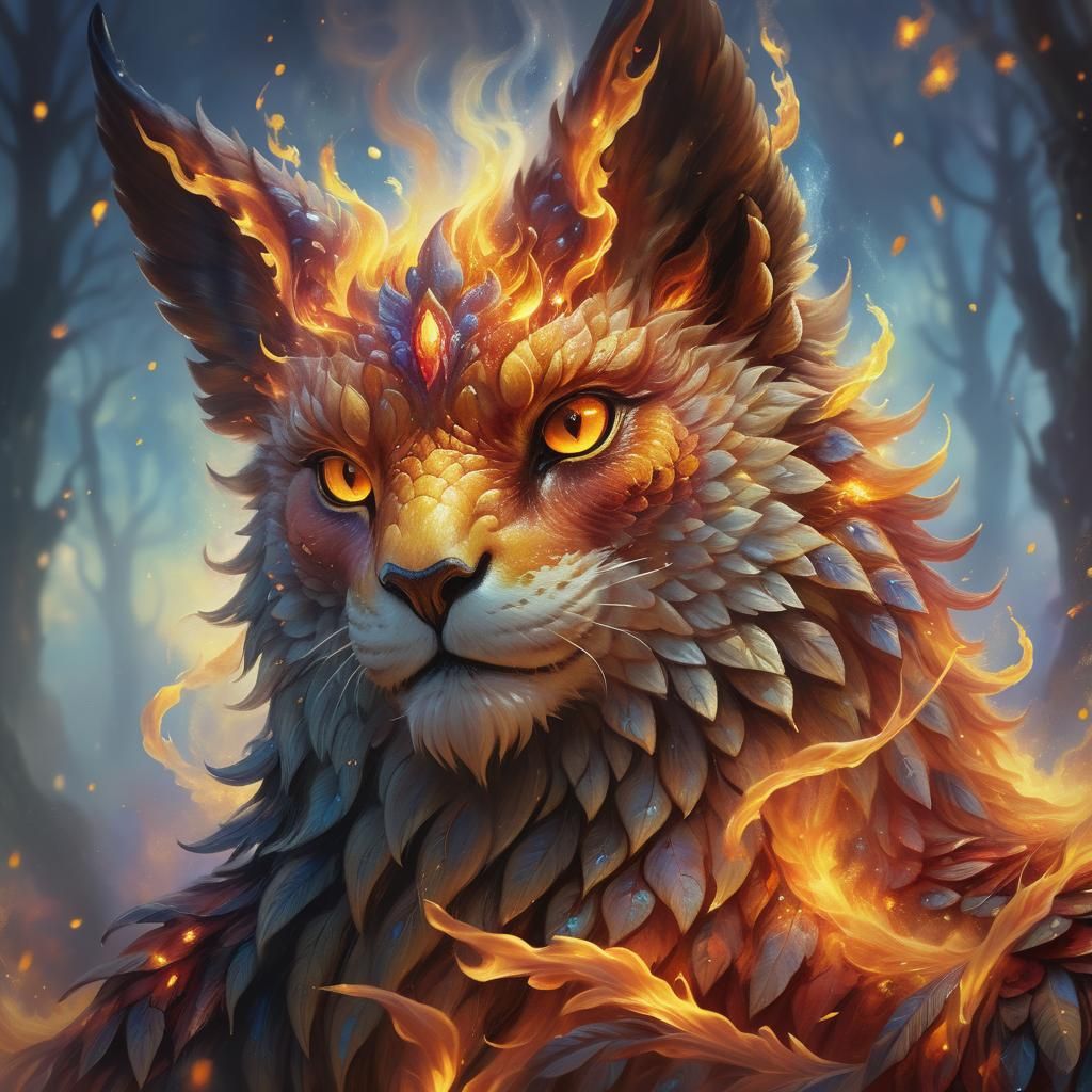 Majestic Fire Creature in Ethereal Mist, Oil Painting