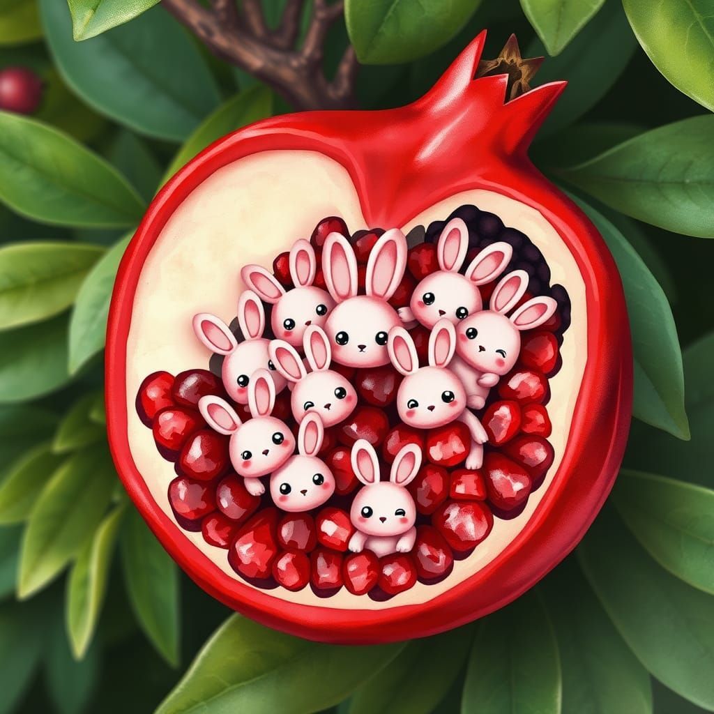 Pomegranate Surprise: Cartoon Bunnies in Kawaii Style