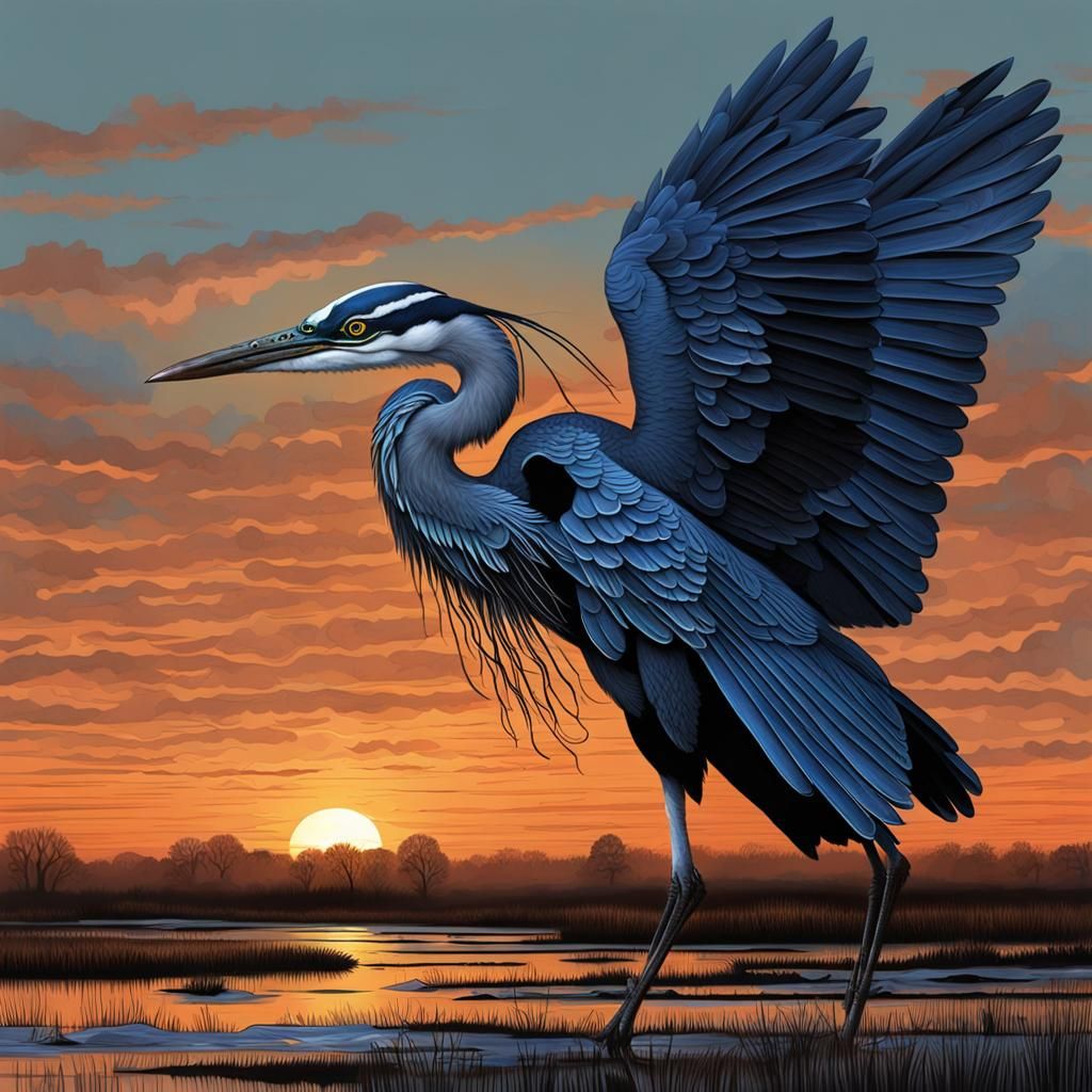 Six-Winged Heron at Sunset in Giger Style
