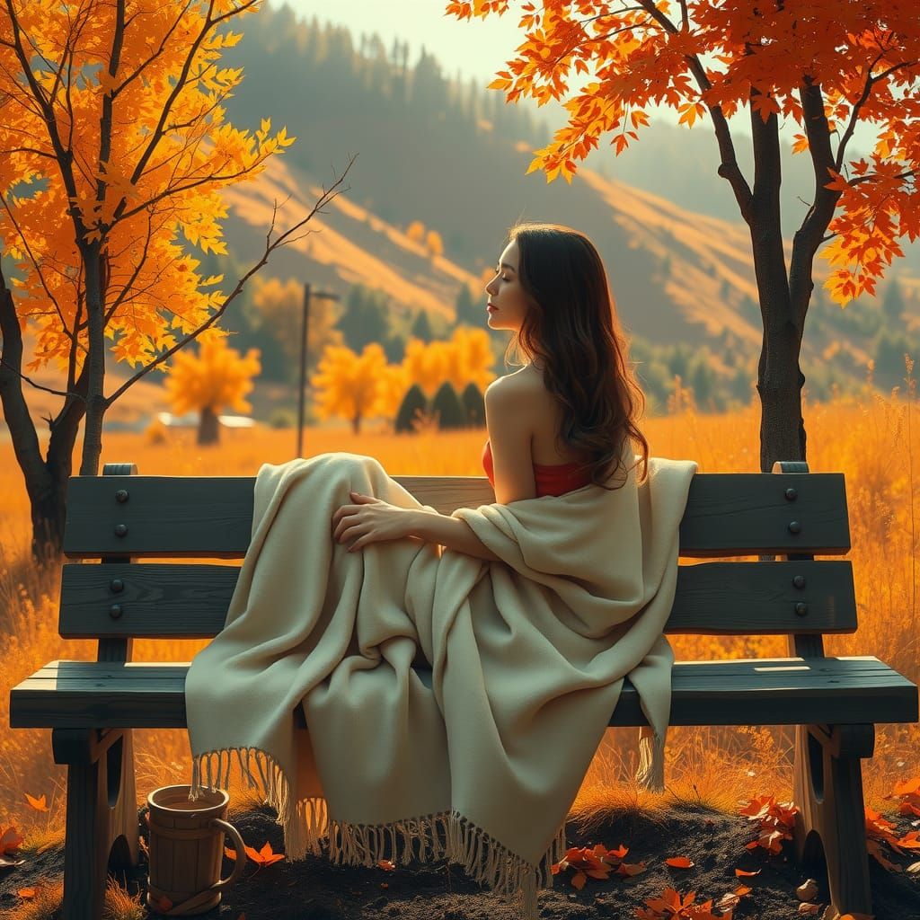 Golden Autumn Serenity: Impressionistic Landscape with Woman