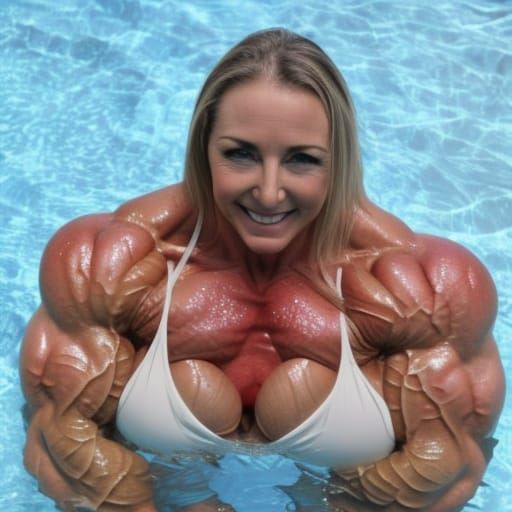 Extremely Muscular Female Bodybuilder in Pool