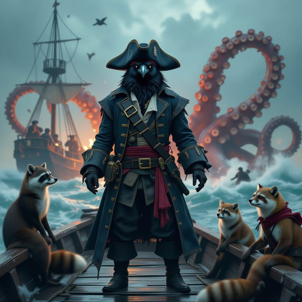 Crow Pirate Battles Kraken in Tempestuous Seas