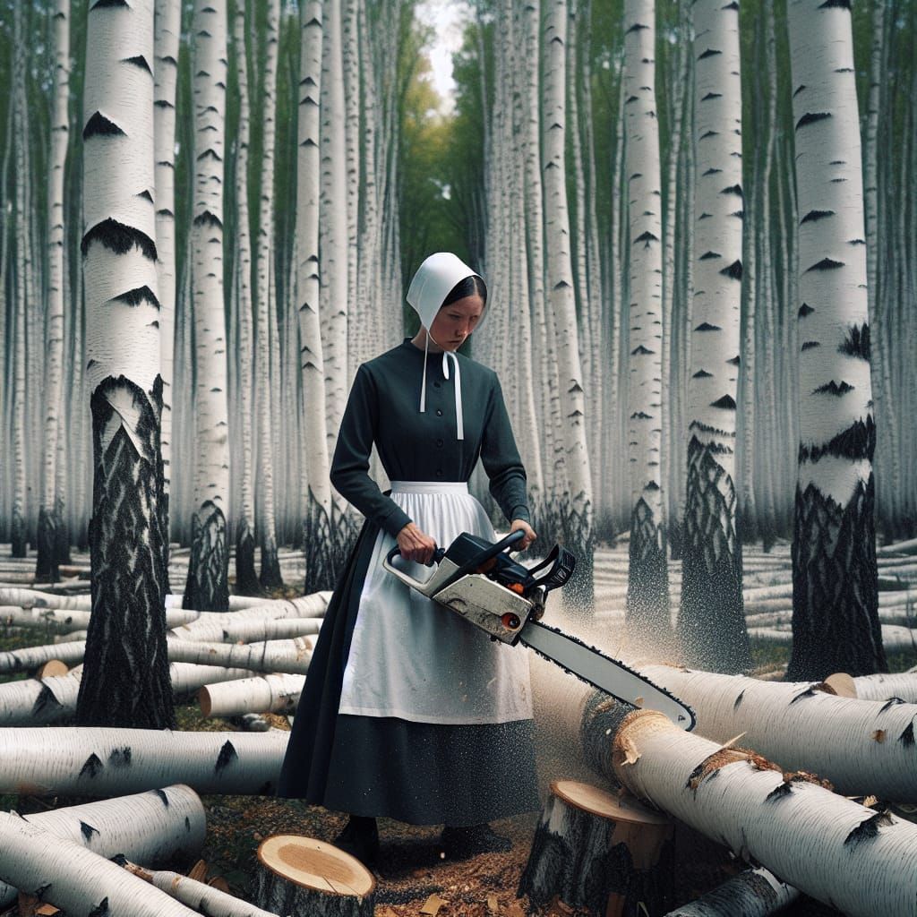 Amish Woman Chainsawing Birch Log in Forest