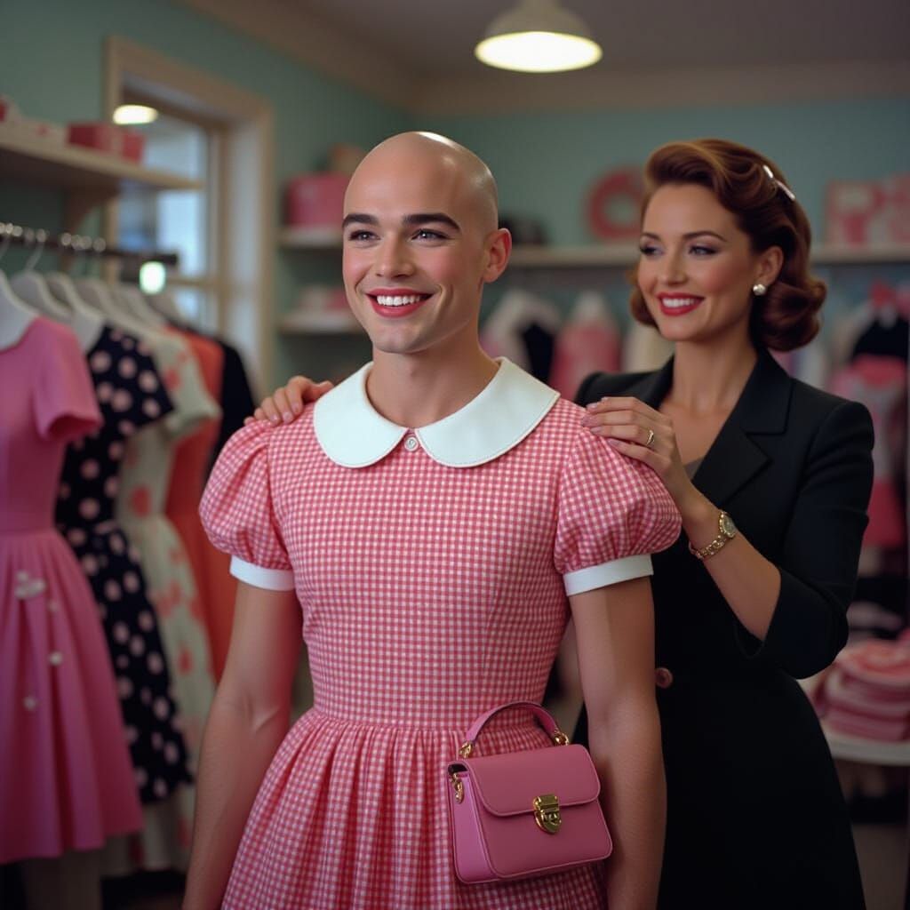Bald Man in Red Gingham Dress, Cinematic Film Still
