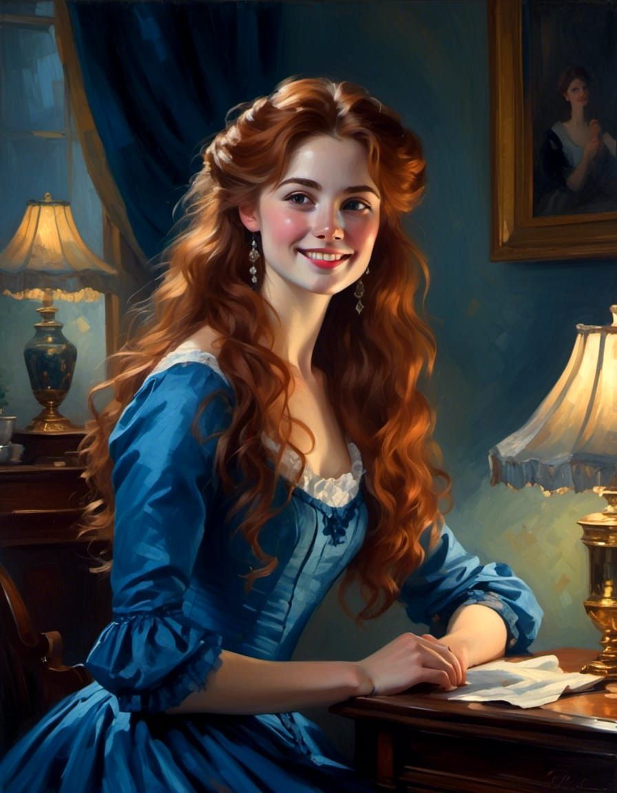 Victorian Woman Portrait in Blue Dress at Night