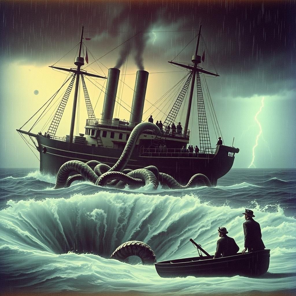 Sailors and Kraken in Stormy Sea, Vintage Sci-Fi Style