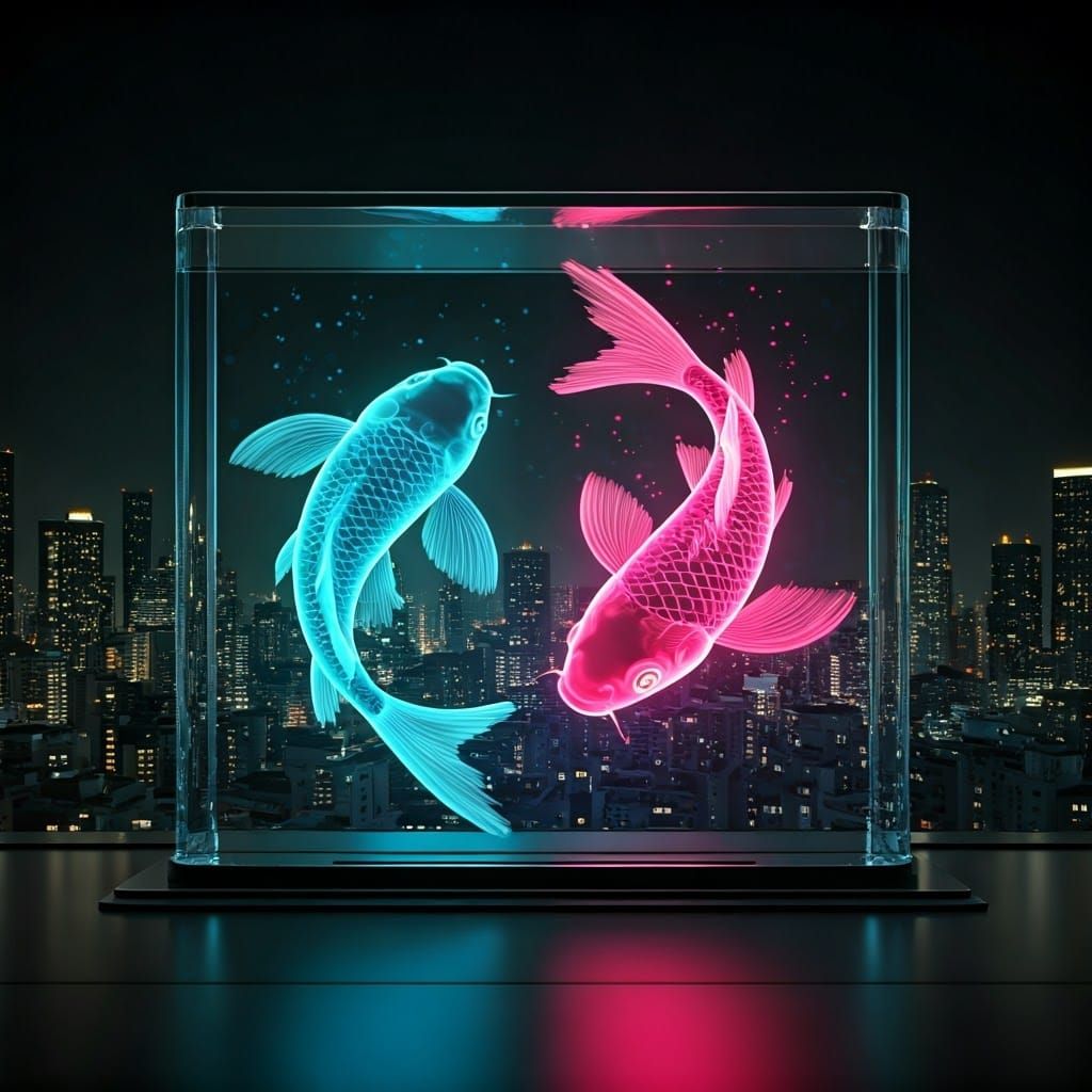 Neon Koi Fish Swim in Futuristic Cityscape