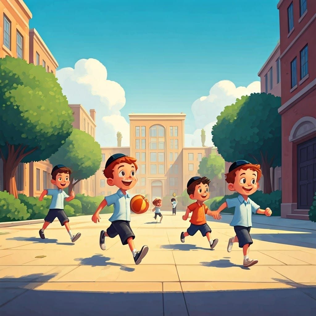 Vibrant Haredi Children Play in a Sunny Schoolyard Cartoon