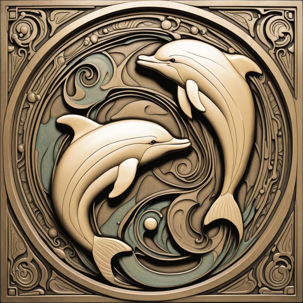 Yin and Yang Dolphins in Art Nouveau Style
