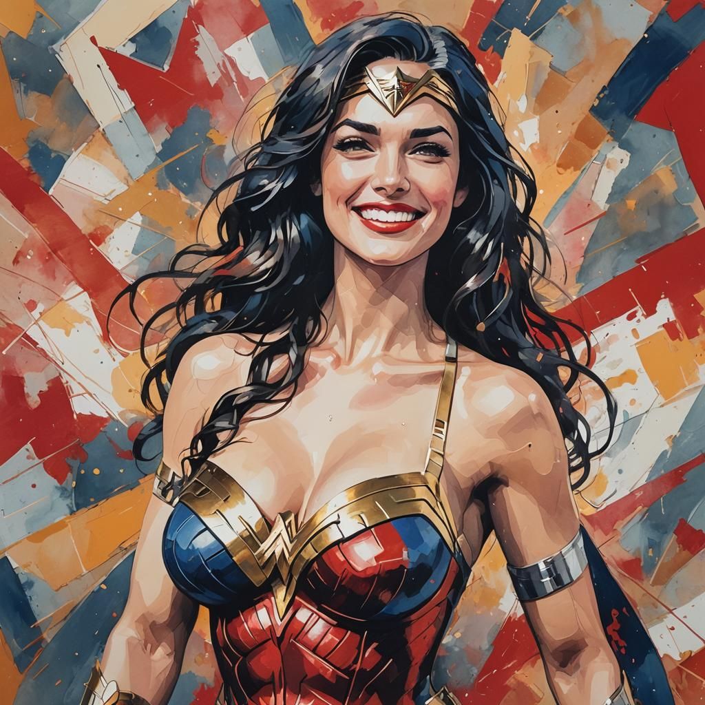 Smiling Wonder Woman in Abstract Art Style