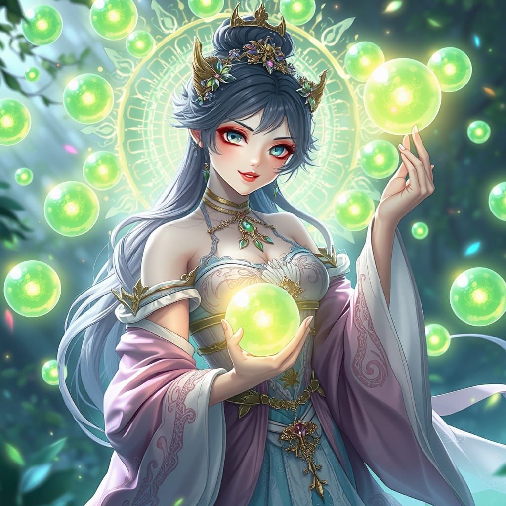 Ethereal Princess Surrounded by Green Orbs in Anime-Inspired...