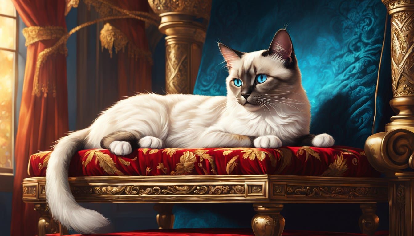 Regal Siamese Cat Surveys Kingdom on Velvet Pillow