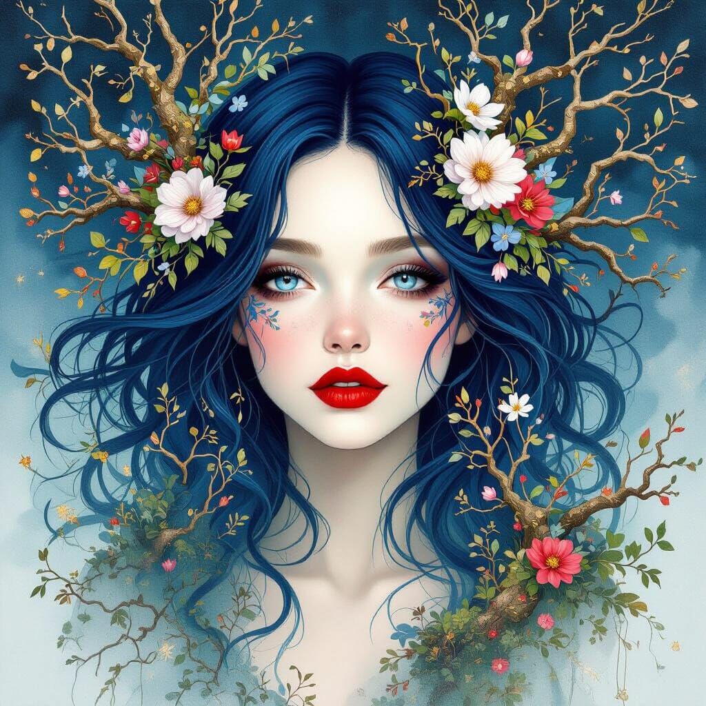 Ethereal Blue-Haired Woman in Watercolor Double Exposure