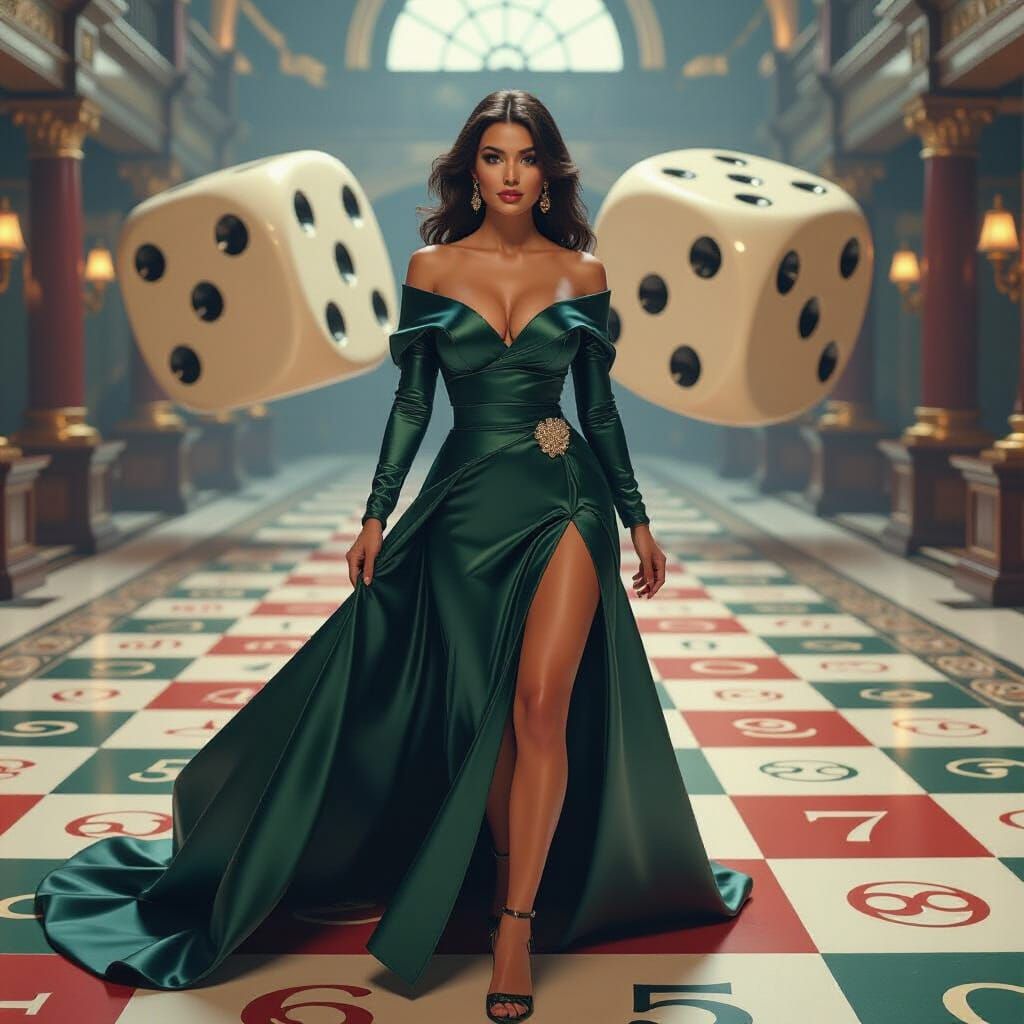 Hyperrealistic Monopoly Scene with Woman and Dice
