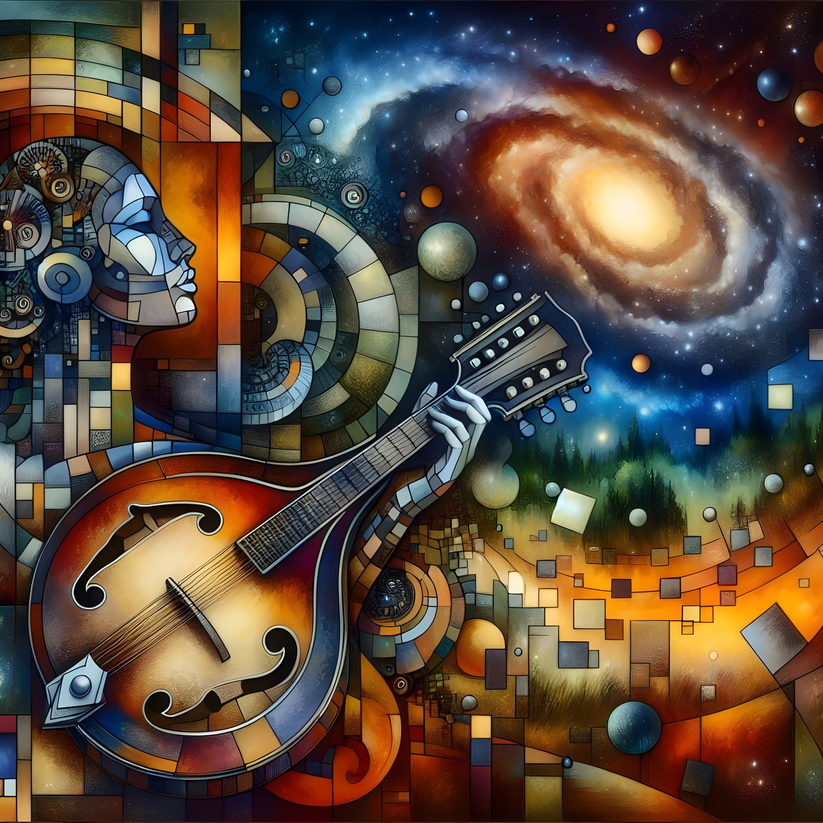 Surreal Cubist Mandolinist Transcends Binary Boundaries