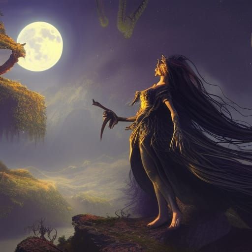 Enchanting Witch Under Moonlight: A Matte Painting