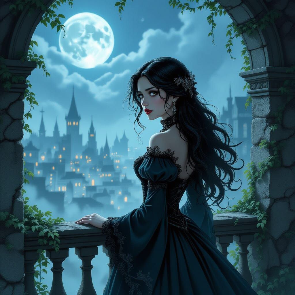 Balcony Baroness Gazes Over Misty Moonlit City
