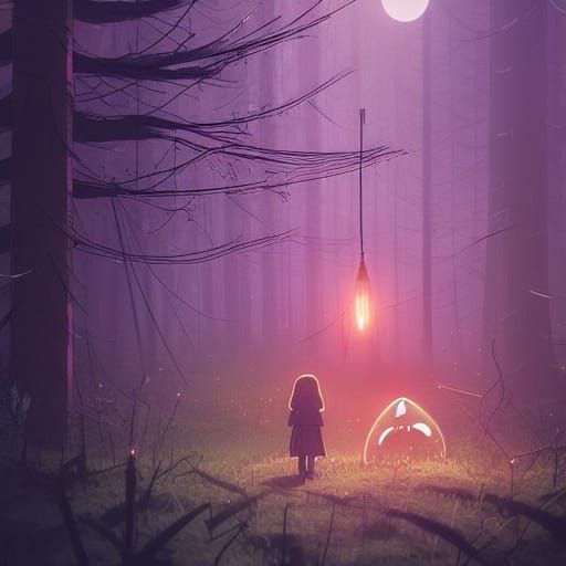 Spooky Forest with Glowing Lights, Anime Art