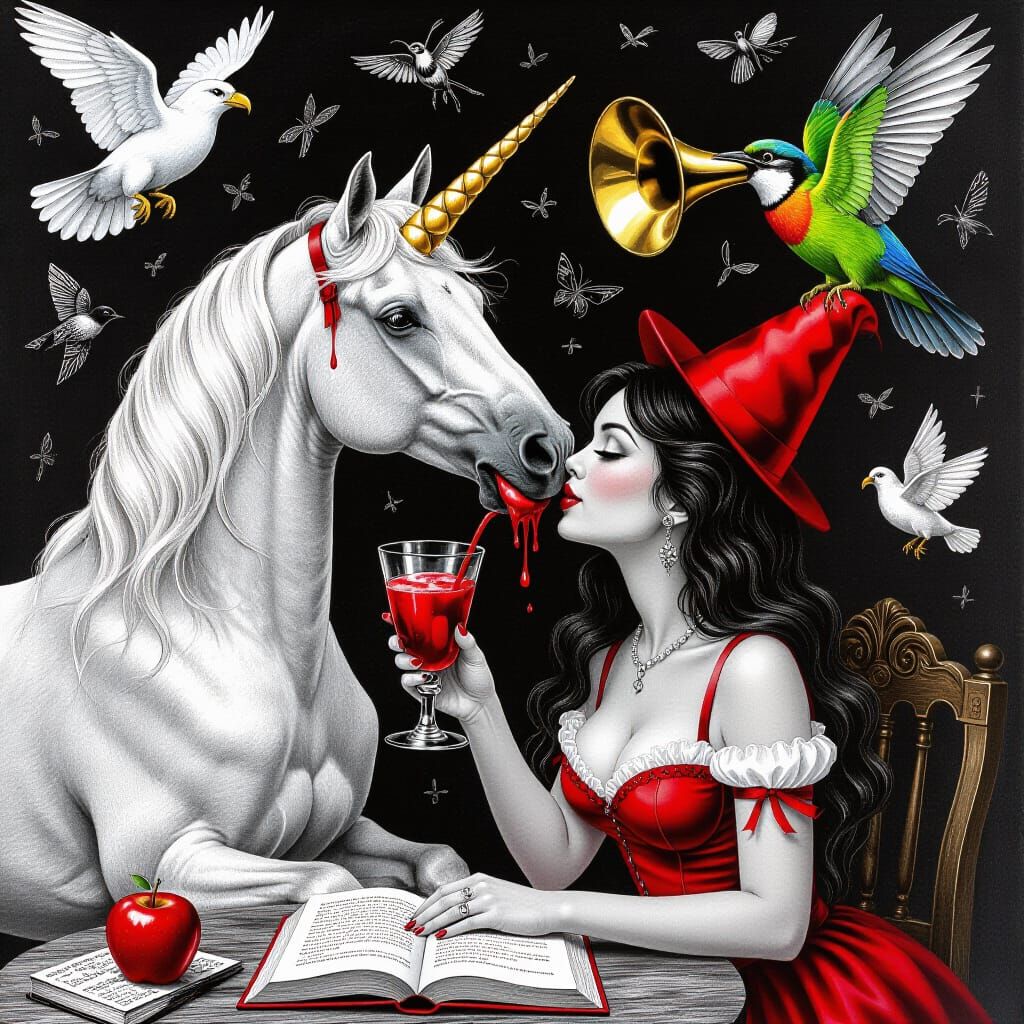 Surreal Unicorn and Eagle Kiss in Dreamlike Charcoal Drawing