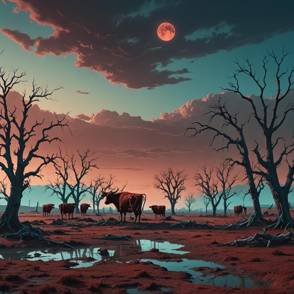 Cows in Barren Field: Dark Fantasy Art
