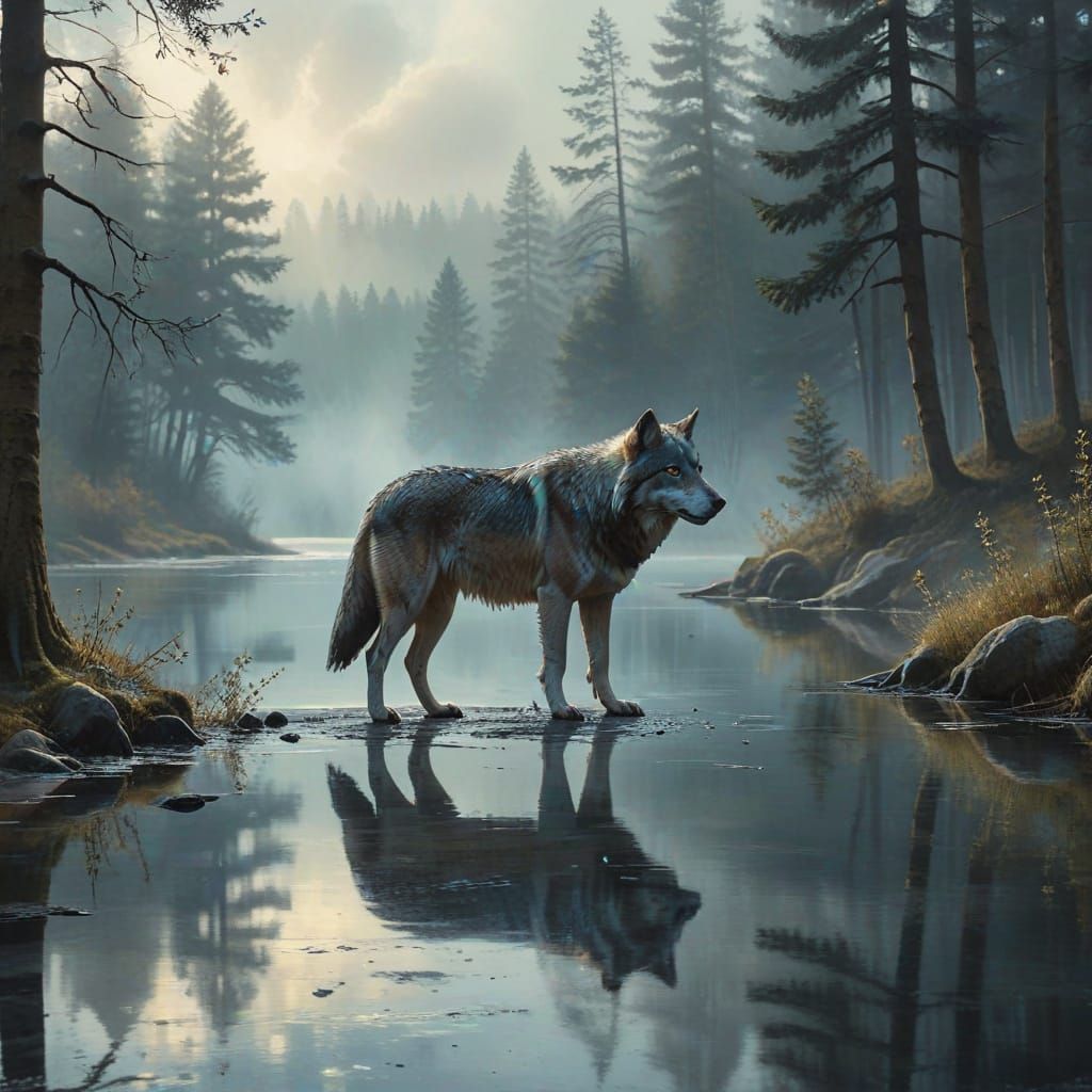 Surreal Wolf Reflection Becomes Sheep in Dreamlike Digital A...