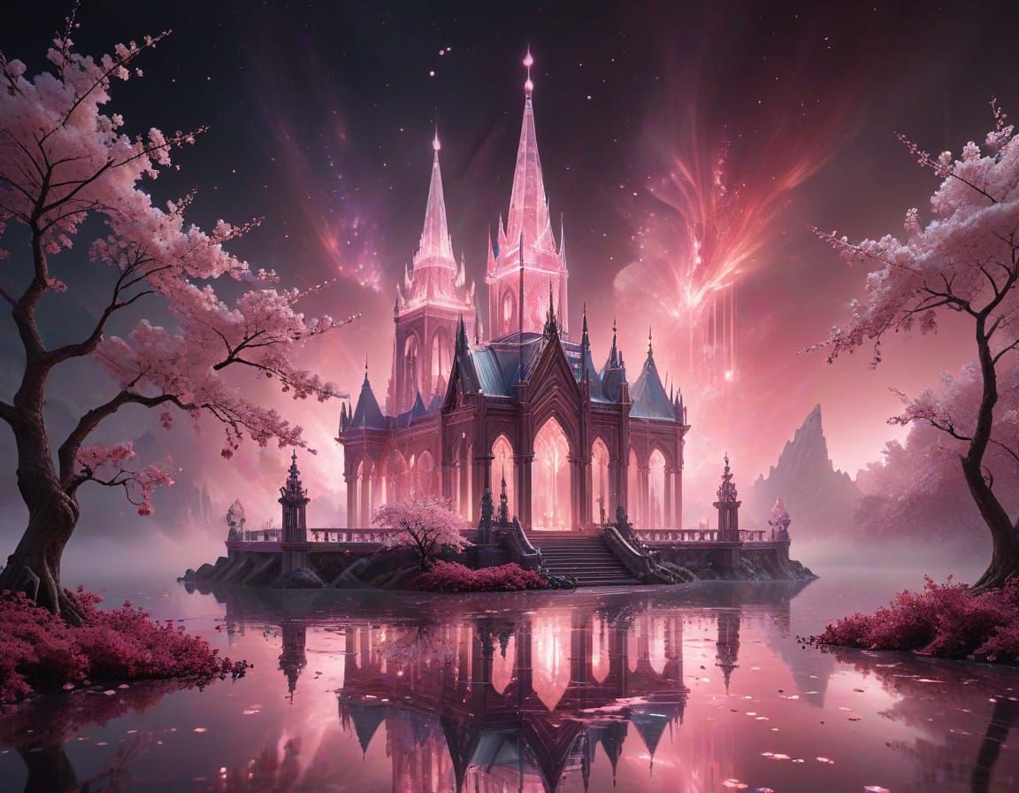Dreamy Crystal Palace Amidst Sakura Nebulae
