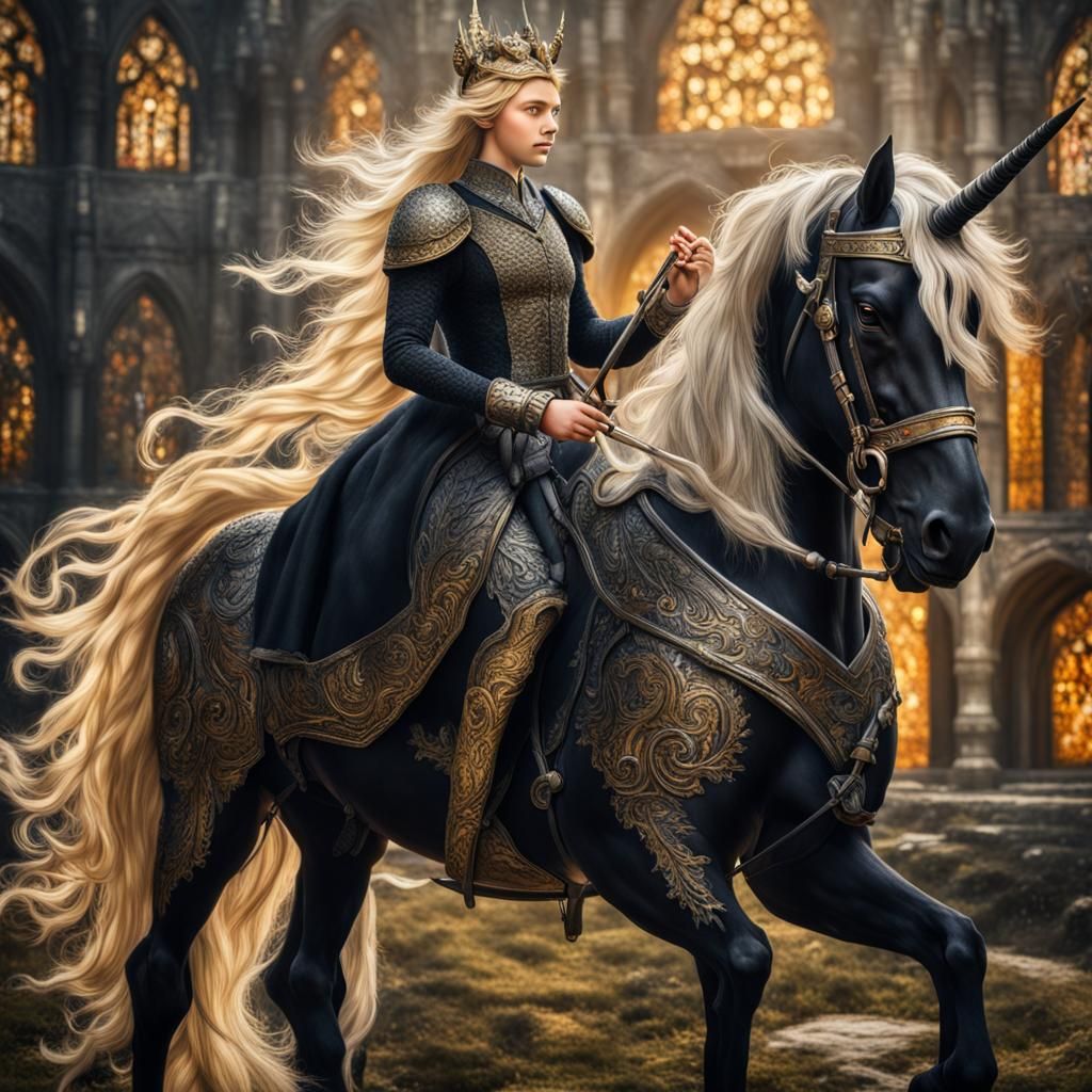 Black Unicorn and Medieval Girl, Hyperdetailed