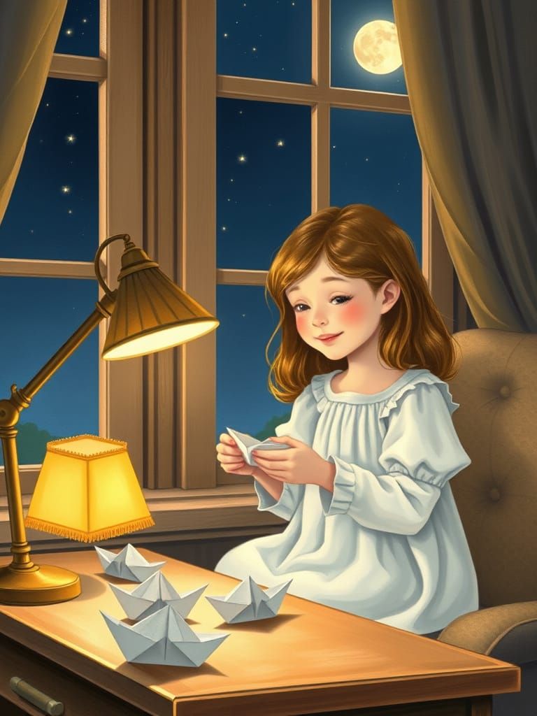 Whimsical Girl in Moonlit Study