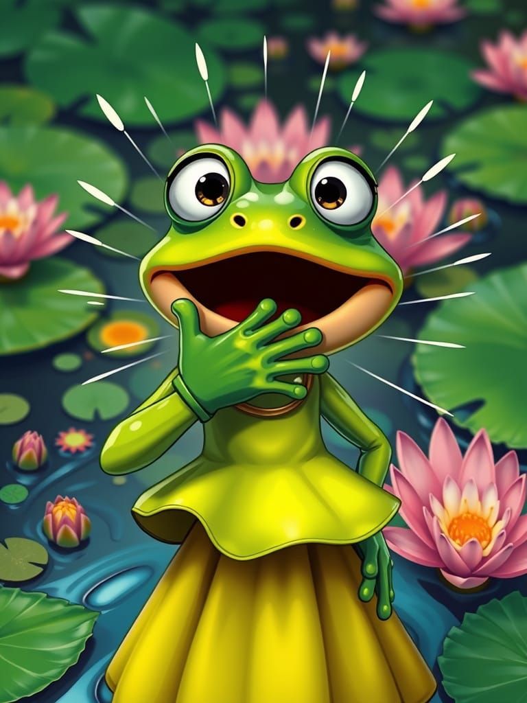 Cartoon Frog Bursts with Surprise in Vibrant Lily Pond