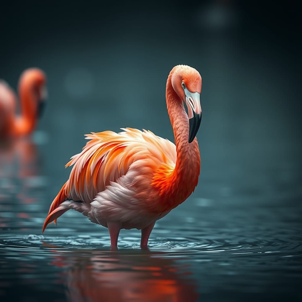 Hyperrealistic Pink Flamingo in Shallow Water