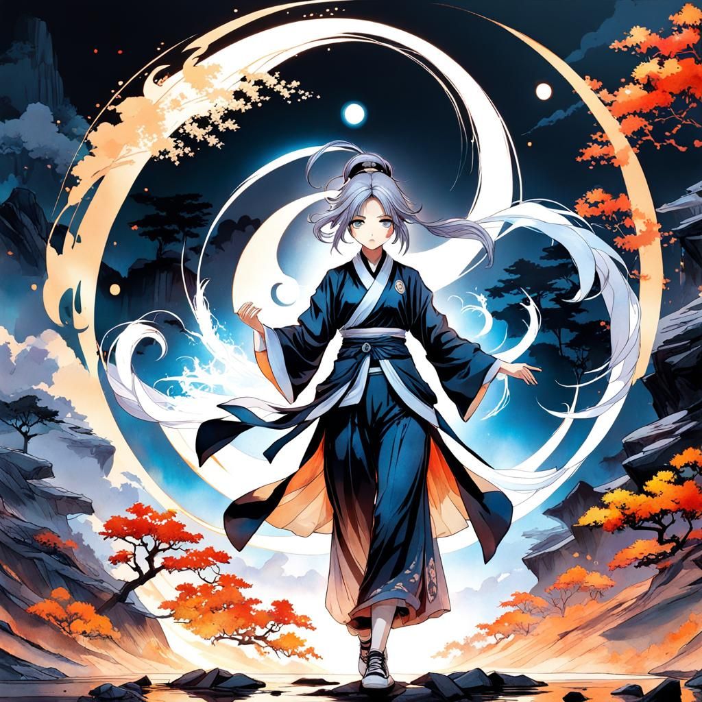 Anime Girl Tai Chi Master in Watercolor