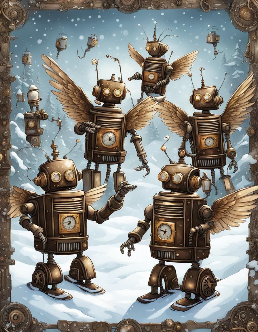 Winged Steampunk Robots Choir Singing in Snow