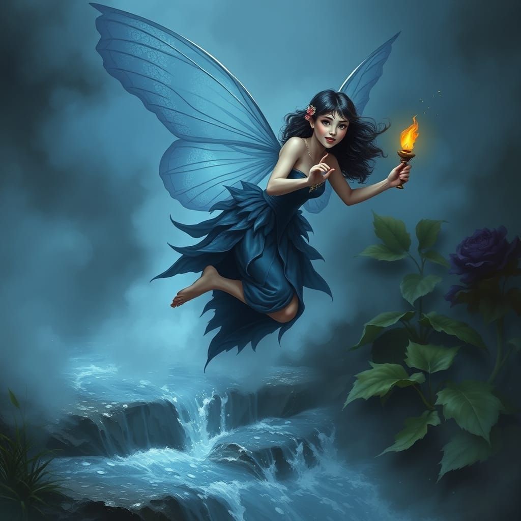 Ethereal Faerie Queen Leaping Over Stream in Fantasy Art
