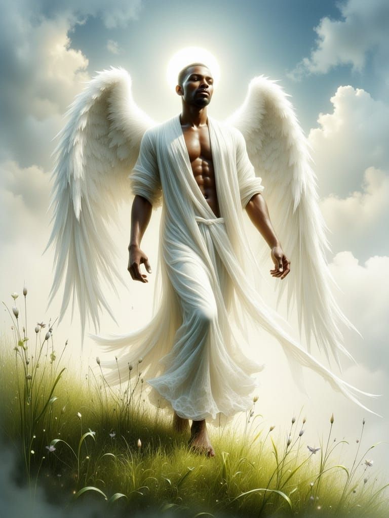 Black Angel with White Wings in Dreamy Style
