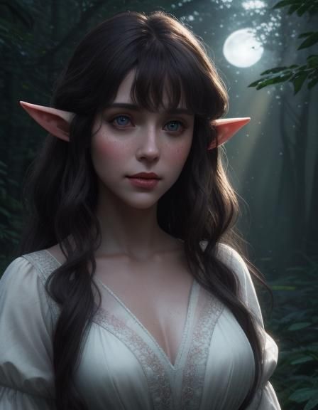 Beautiful Elf in Moonlit Forest: Digital Matte Painting