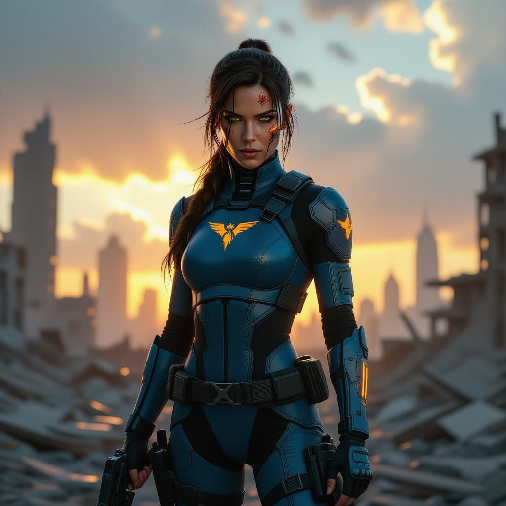 Cyberpunk Lara Croft in Ruined Cityscape
