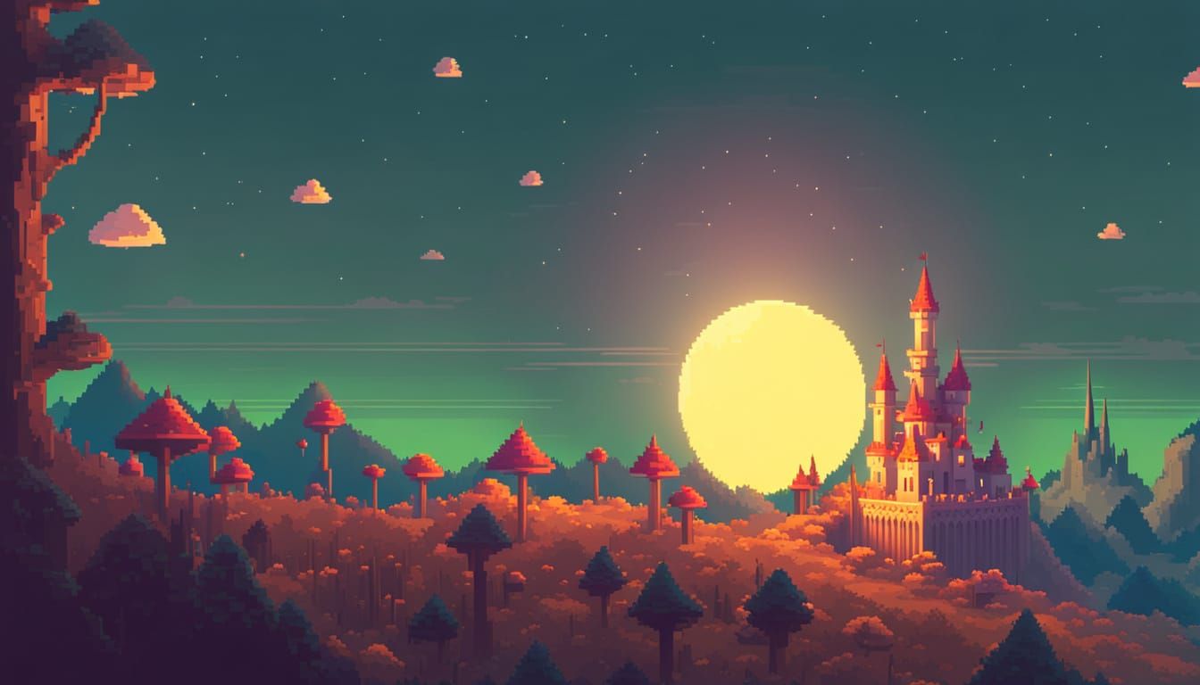Medieval Mushroom Kingdom under Moonlit Skies