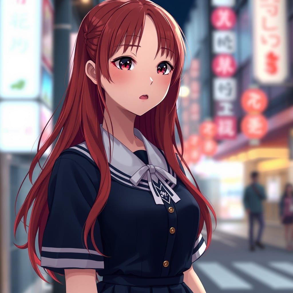 Red-Haired School Girl in Traditional Blue Uniform