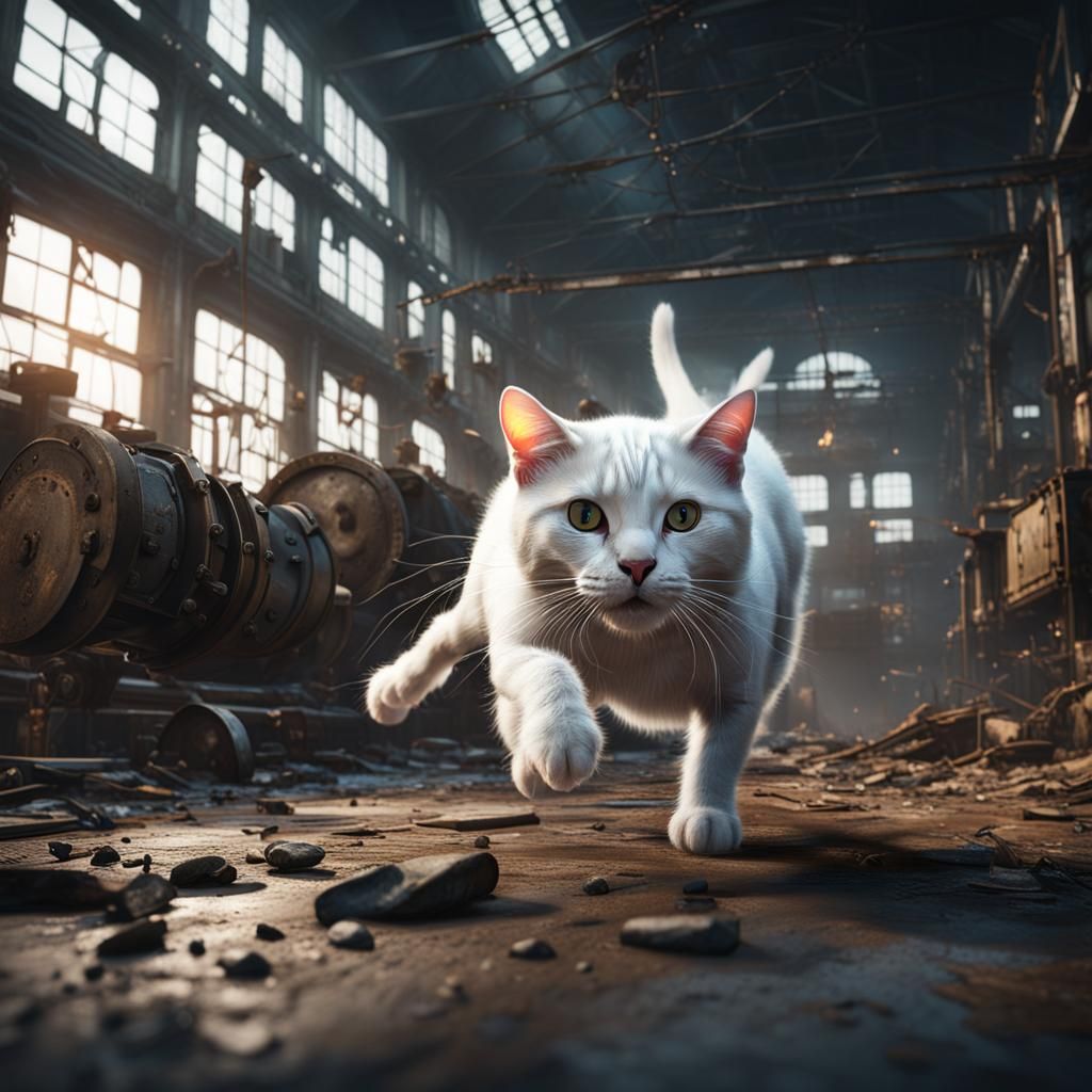 White Cat and Mouse in Abandoned Factory