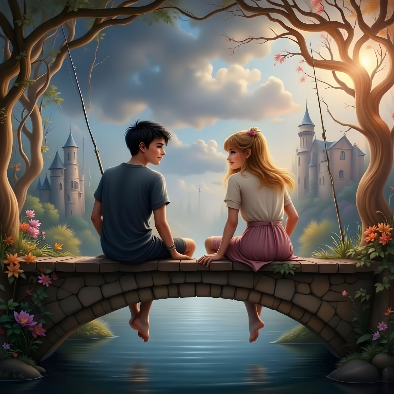 Couple Fishing on Bridge, Ethereal Style